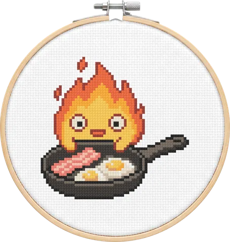 Calcifer cross-stitch pattern, stitched in a hoop