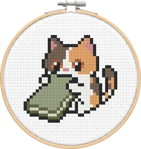 Calico Cat cross-stitch pattern, stitched in a hoop
