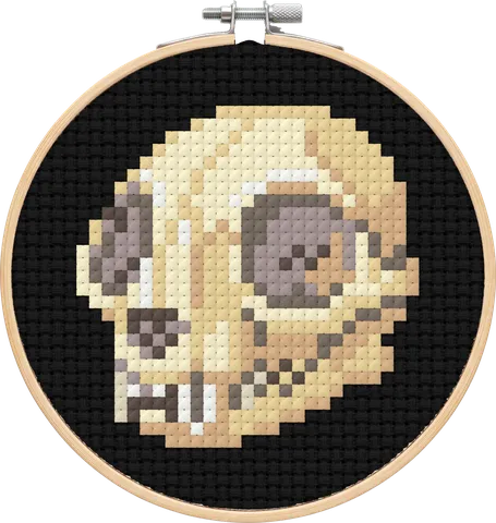 Cat Skull cross-stitch pattern, stitched in a hoop