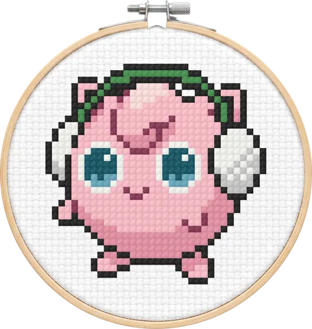 Christmas Jigglypuff cross-stitch pattern, stitched in a hoop