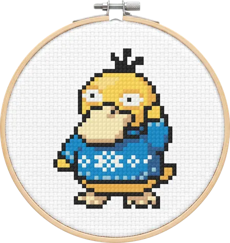 Christmas Psyduck cross-stitch pattern, stitched in a hoop