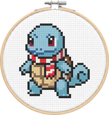 Christmas Squirtle cross-stitch pattern, stitched in a hoop