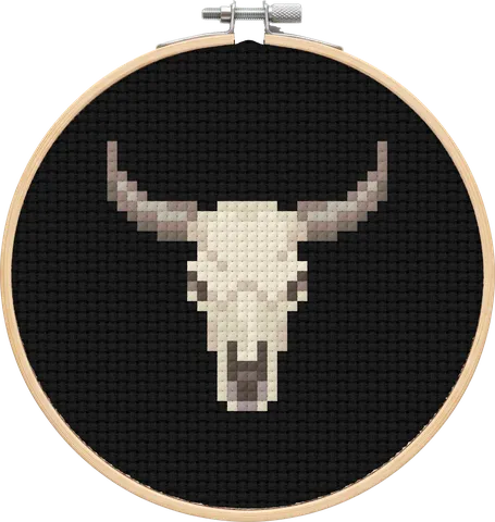 Cow Skull cross-stitch pattern, stitched in a hoop