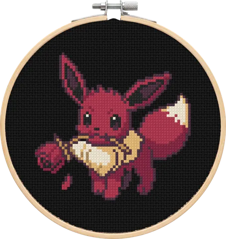 Eevee cross-stitch pattern, stitched in a hoop