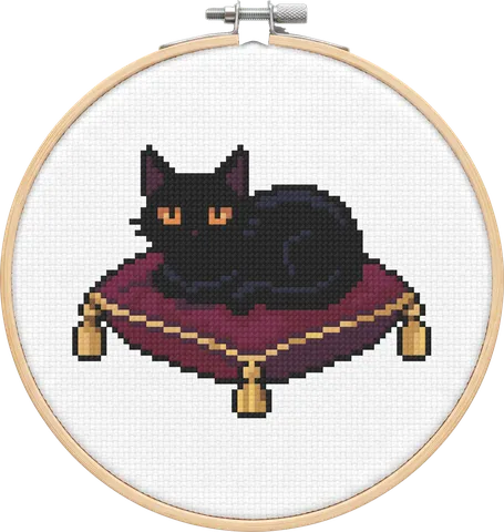 Cushion Cat cross-stitch pattern, stitched in a hoop