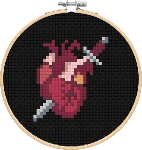 Dagger Heart cross-stitch pattern, stitched in a hoop