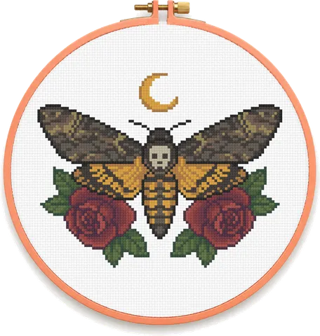 Death's Head Moth cross-stitch pattern, stitched in a hoop