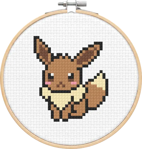 Eevee cross-stitch pattern, stitched in a hoop