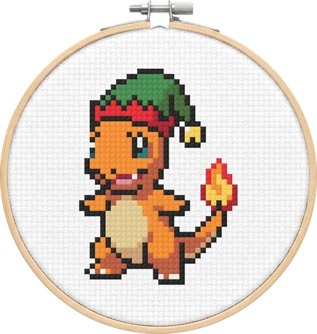 Elf Charmander cross-stitch pattern, stitched in a hoop