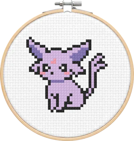 Espeon cross-stitch pattern, stitched in a hoop