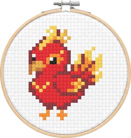Firebird cross-stitch pattern, stitched in a hoop