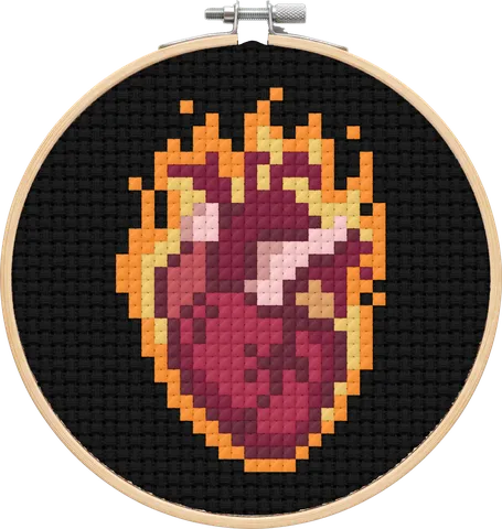 Flaming Heart cross-stitch pattern, stitched in a hoop