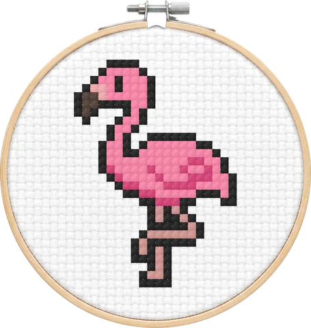 Flamingo cross-stitch pattern, stitched in a hoop