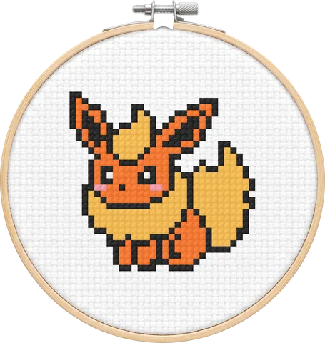 Flareon cross-stitch pattern, stitched in a hoop