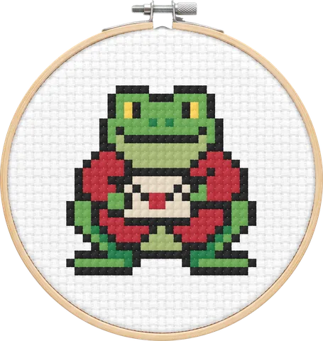 Frog Footman cross-stitch pattern, stitched in a hoop