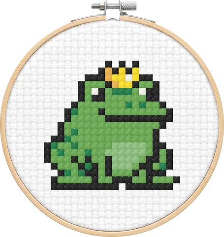 Frog Prince cross-stitch pattern, stitched in a hoop