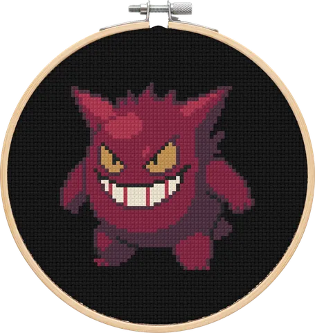 Gengar cross-stitch pattern, stitched in a hoop