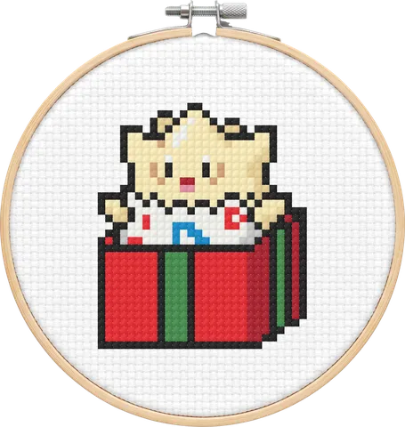 Gift Box Togepi cross-stitch pattern, stitched in a hoop