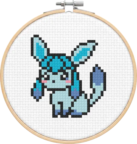 Glaceon cross-stitch pattern, stitched in a hoop