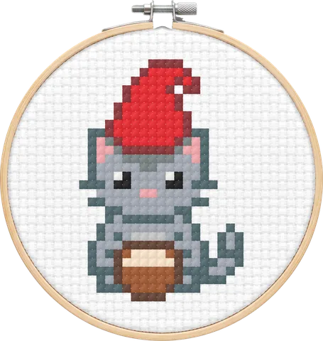 Gnome Cat cross-stitch pattern, stitched in a hoop