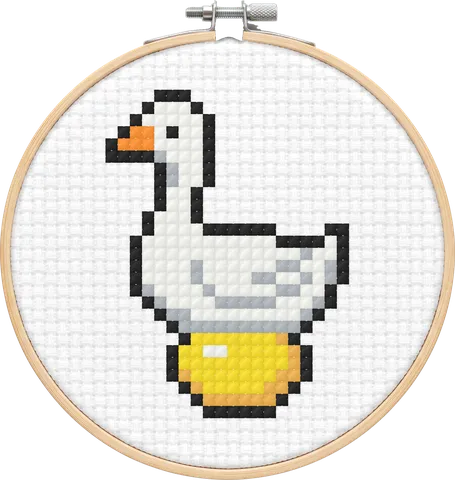 Golden Egg Goose cross-stitch pattern, stitched in a hoop