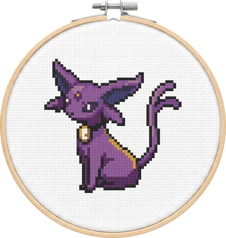 Gothic Espeon cross-stitch pattern, stitched in a hoop