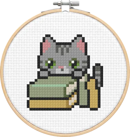 Gray Tabby Cat cross-stitch pattern, stitched in a hoop