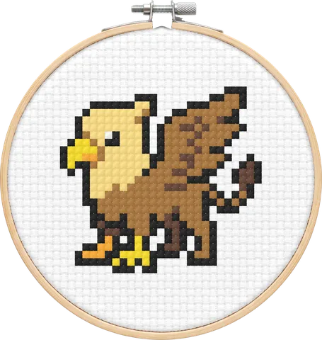 Griffin cross-stitch pattern, stitched in a hoop