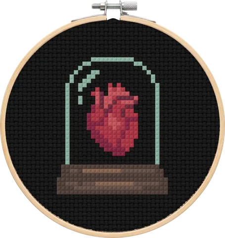 Heart Bell Jar cross-stitch pattern, stitched in a hoop