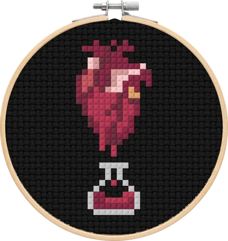 Heart Potion cross-stitch pattern, stitched in a hoop