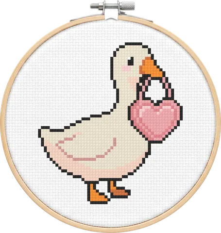 Heart Purse Goose cross-stitch pattern, stitched in a hoop
