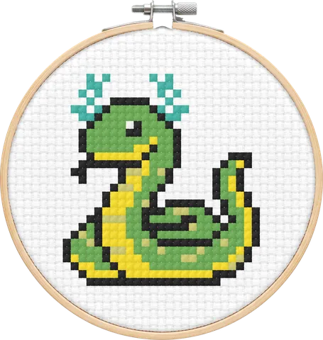 Horned Serpent cross-stitch pattern, stitched in a hoop