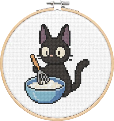 Jiji cross-stitch pattern, stitched in a hoop