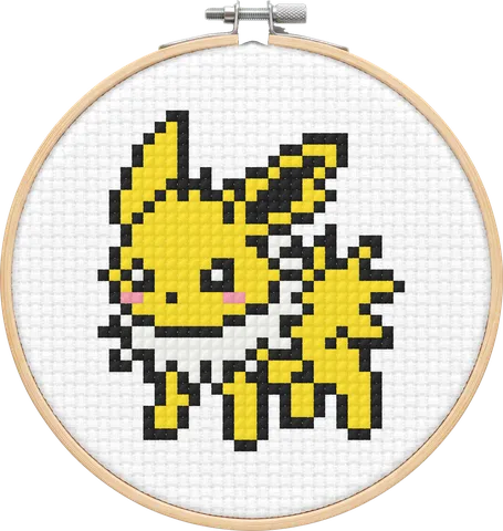 Jolteon cross-stitch pattern, stitched in a hoop