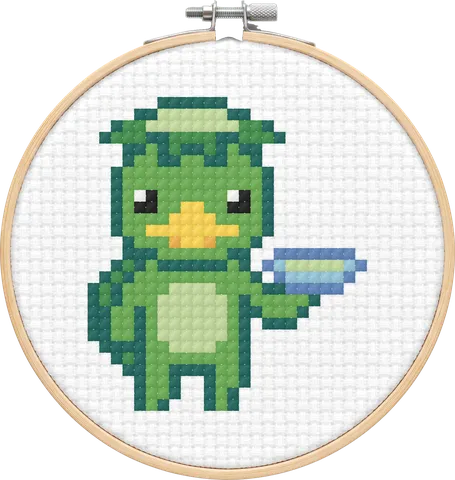 Kappa cross-stitch pattern, stitched in a hoop