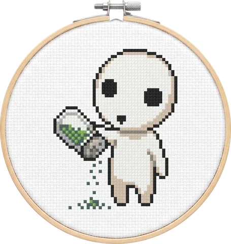 Kodama cross-stitch pattern, stitched in a hoop