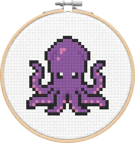 Kraken cross-stitch pattern, stitched in a hoop
