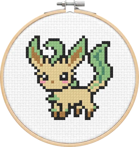 Leafeon cross-stitch pattern, stitched in a hoop