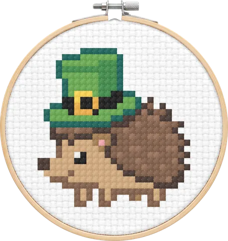 Leprechaun Hedgehog cross-stitch pattern, stitched in a hoop