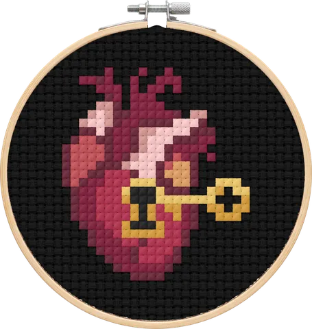 Locked Heart cross-stitch pattern, stitched in a hoop