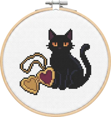 Locket Cat cross-stitch pattern, stitched in a hoop