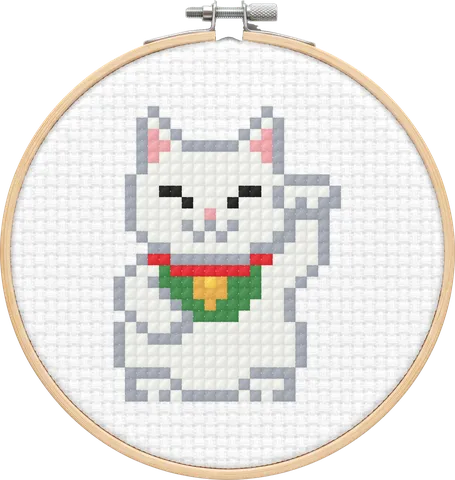 Lucky Cat cross-stitch pattern, stitched in a hoop