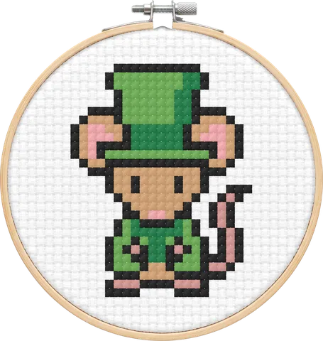 Mad Hatter Mouse cross-stitch pattern, stitched in a hoop