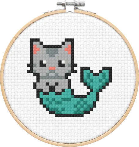 Mermaid Cat cross-stitch pattern, stitched in a hoop