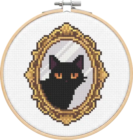 Mirror Cat cross-stitch pattern, stitched in a hoop