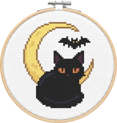Moon Cat cross-stitch pattern, stitched in a hoop