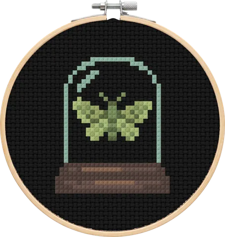 Moth Bell Jar cross-stitch pattern, stitched in a hoop