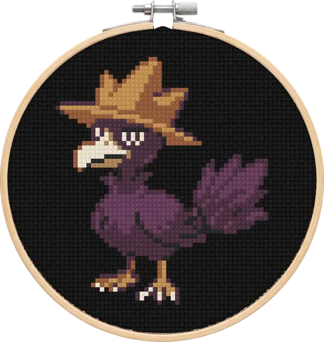 Murkrow cross-stitch pattern, stitched in a hoop