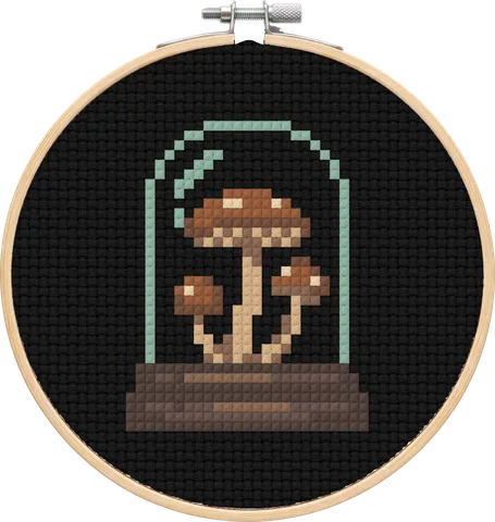 Mushroom Bell Jar cross-stitch pattern, stitched in a hoop