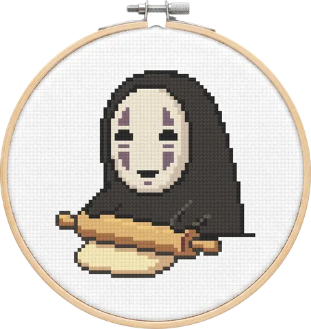 No-Face cross-stitch pattern, stitched in a hoop